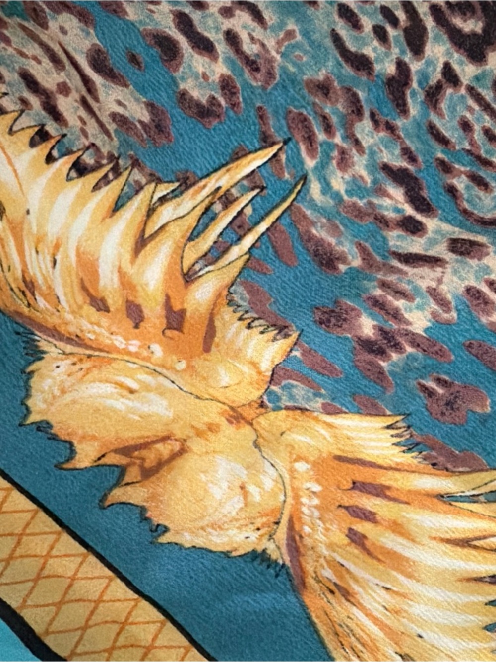 Vintage Silk Scarf Made In Italy Leopard Animal Print Turquoise Gold 66 X 25 - Picture 4 of 7